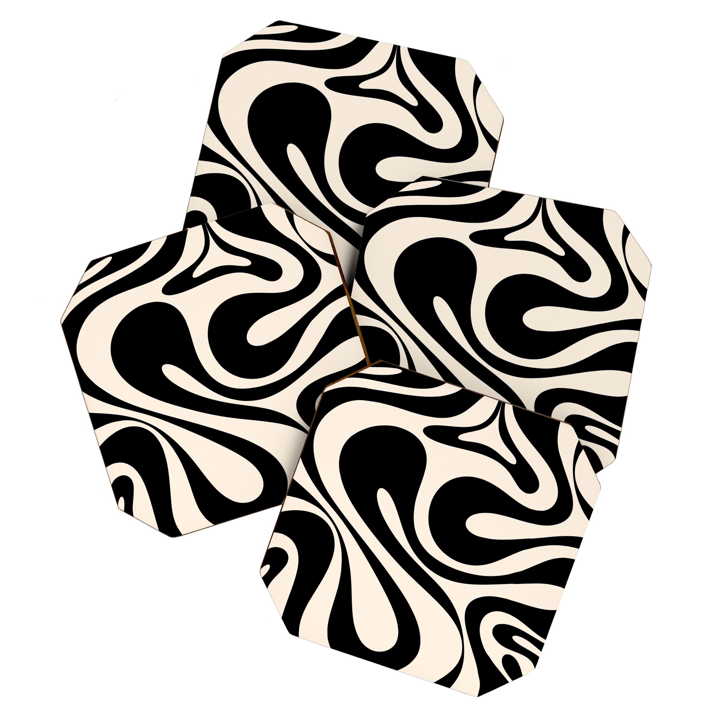 Mod Swirl Retro Abstract Pattern in Black and Almond Cream Coaster Gallery Image 1
