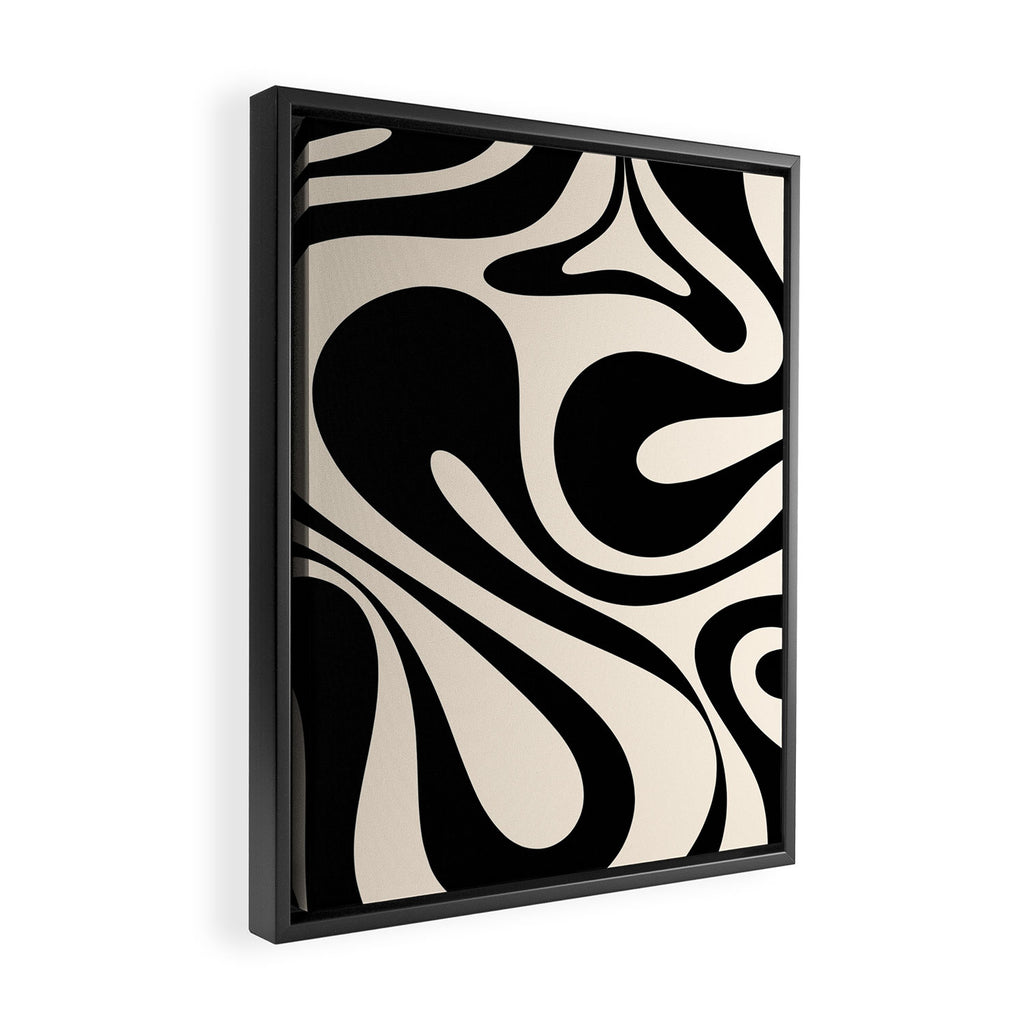 Mod Swirl Retro Abstract Pattern in Black and Almond Cream Framed Canvas Print Gallery Image 2