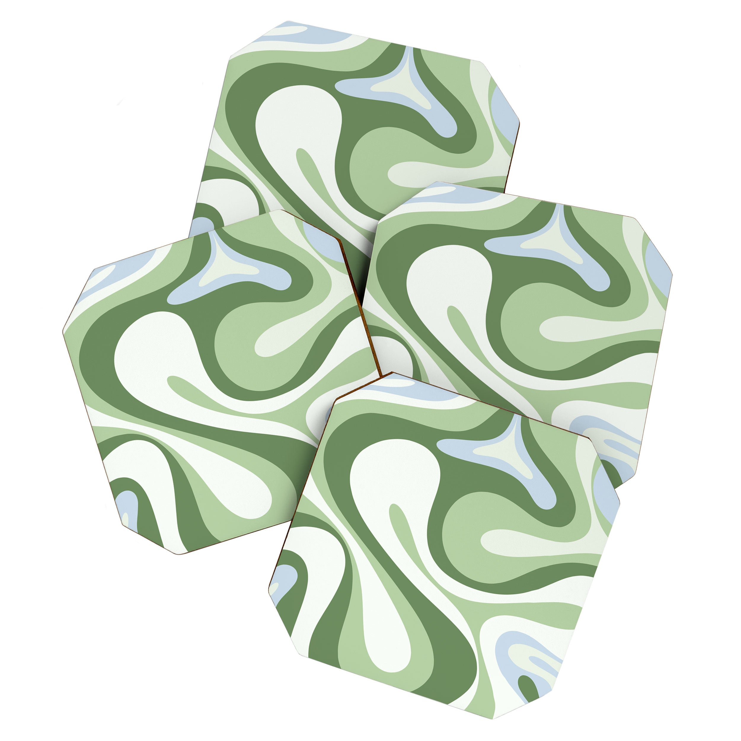 Mod Swirl Retro Abstract Pattern in Olive Sage Green and Light Blue Coaster Gallery Image 1