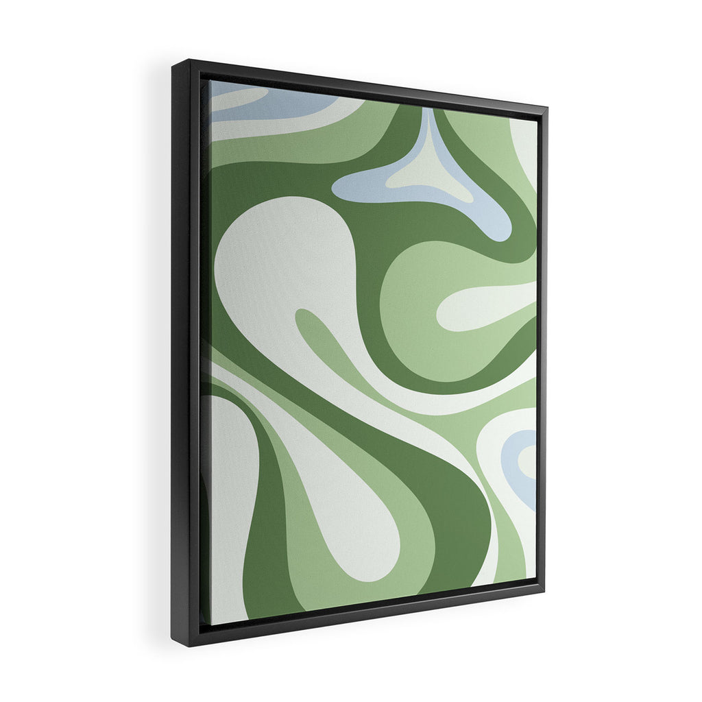 Mod Swirl Retro Abstract Pattern in Olive Sage Green and Light Blue Framed Canvas Print Gallery Image 2