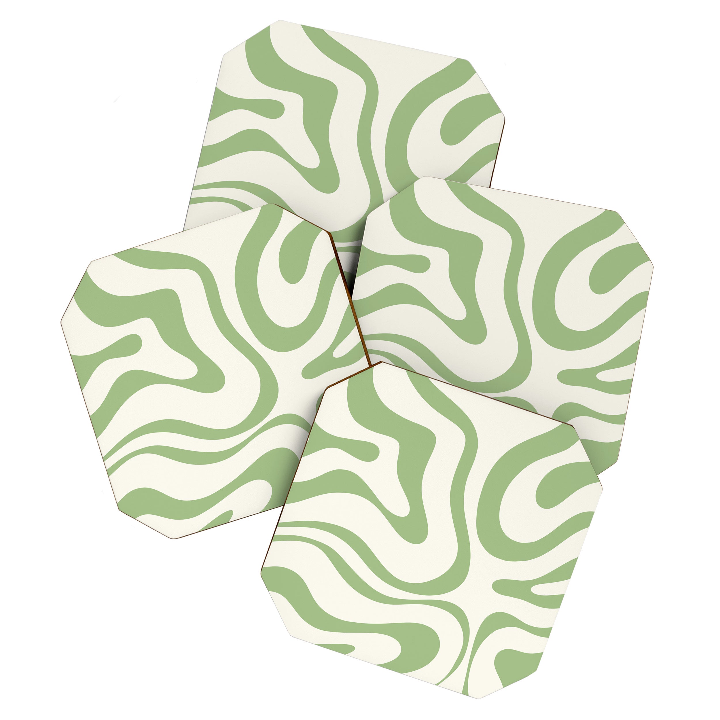 Modern Liquid Swirl Abstract Pattern in Cream and Light Sage Green Coaster Gallery Image 1