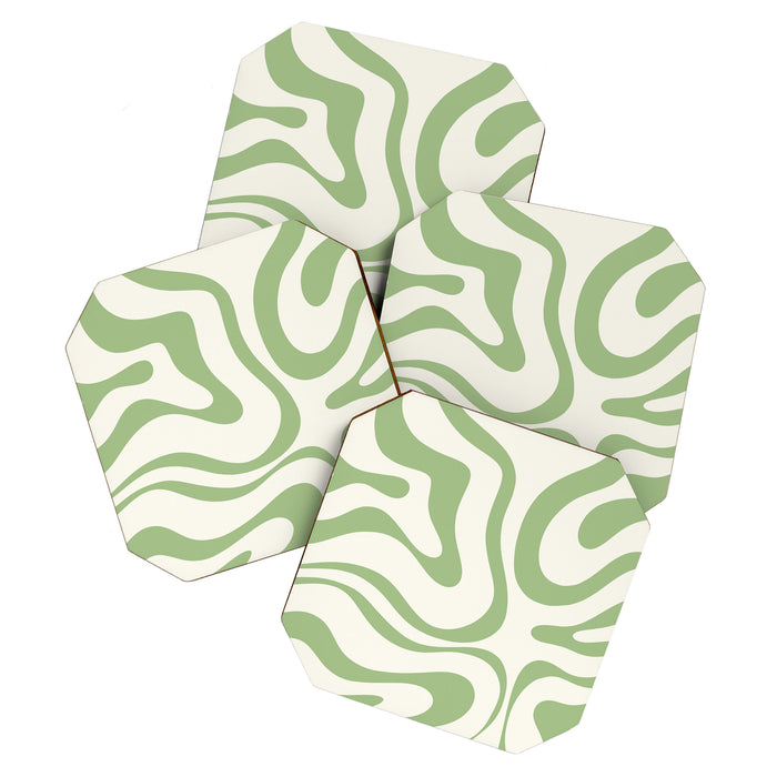 Modern Liquid Swirl Abstract Pattern in Cream and Light Sage Green Coaster Gallery Image 1