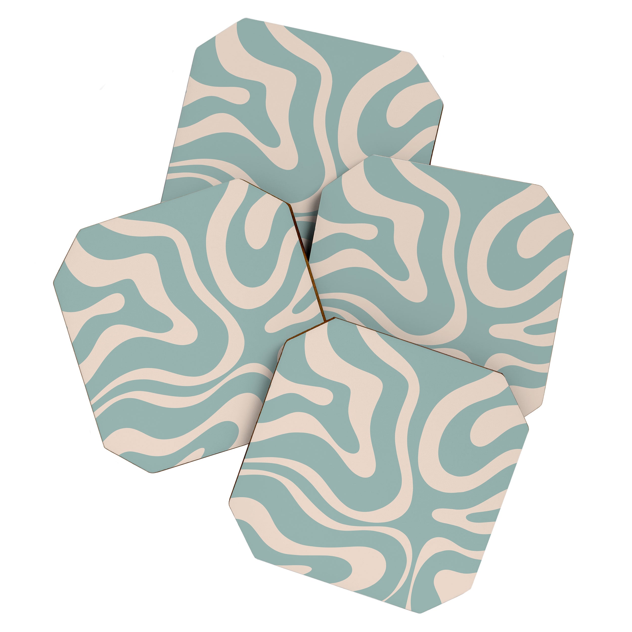 Modern Liquid Swirl Abstract Pattern in Light Celadon Blue and Buff Coaster Gallery Image 1