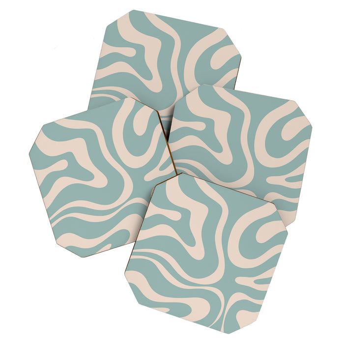 Modern Liquid Swirl Abstract Pattern in Light Celadon Blue and Buff Coaster Gallery Image 1