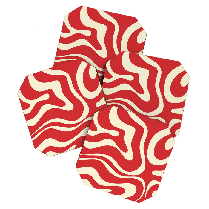 Modern Liquid Swirl Abstract Pattern in Retro Christmas Red and Cream Coaster Gallery Image 1