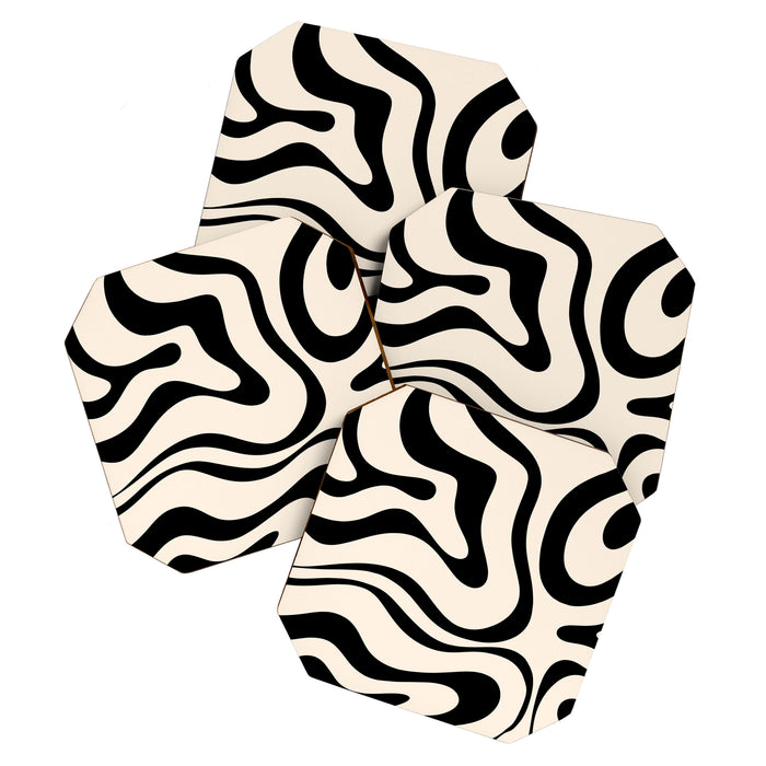 Modern Liquid Swirl Abstract Pattern Square in Almond Cream and Black Coaster Gallery Image 1