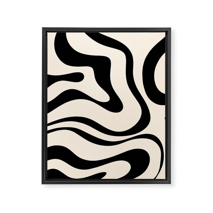 Modern Liquid Swirl Abstract Pattern Square in Almond Cream and Black Framed Canvas Print Gallery Image 1
