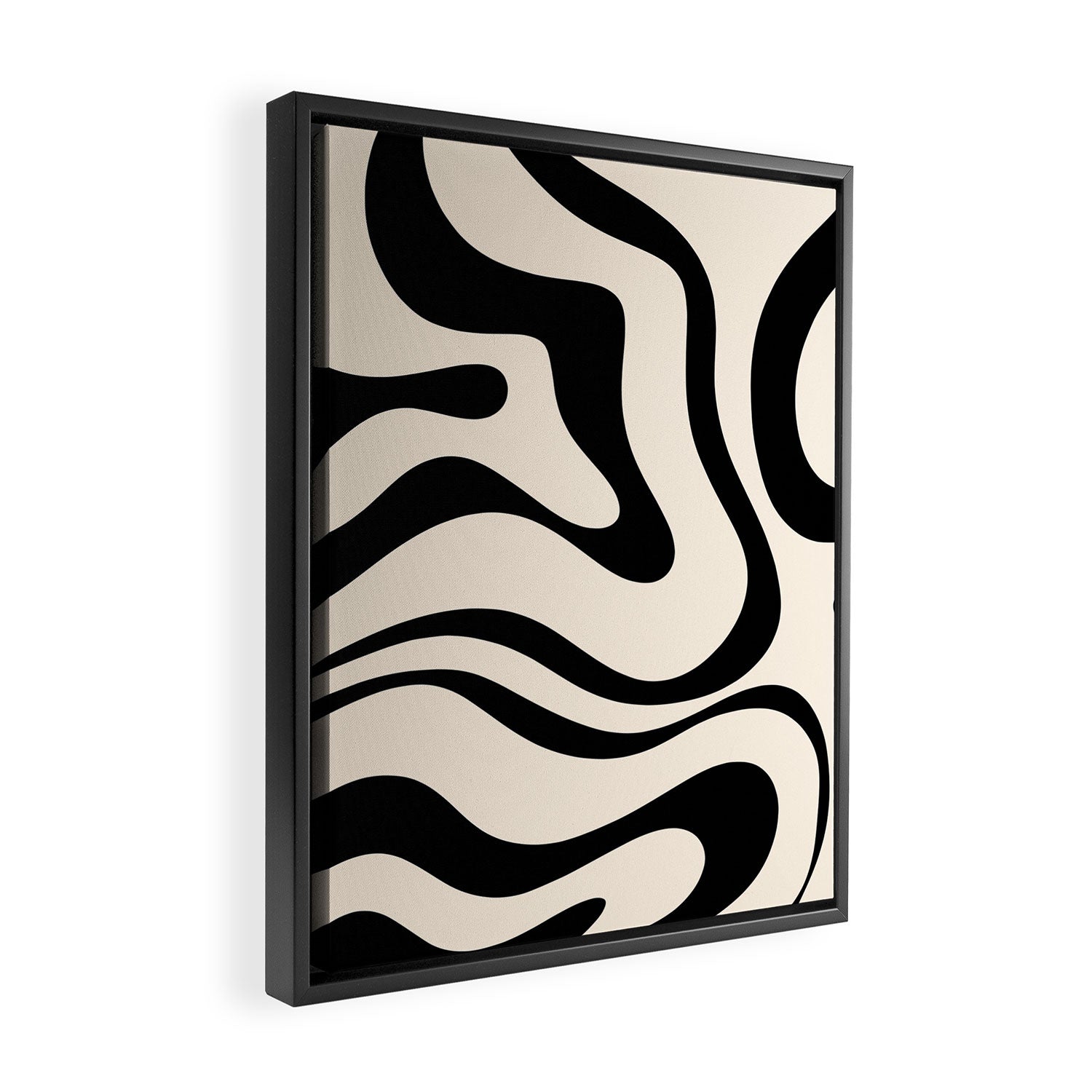 Modern Liquid Swirl Abstract Pattern Square in Almond Cream and Black Framed Canvas Print Gallery Image 2