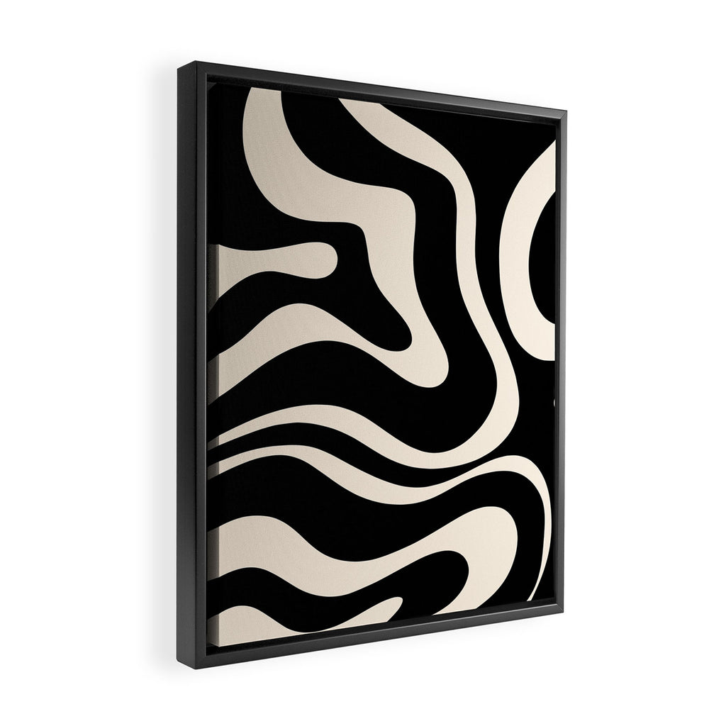 Modern Liquid Swirl Abstract Pattern Square in Black and Almond Cream  Framed Canvas Print Gallery Image 2