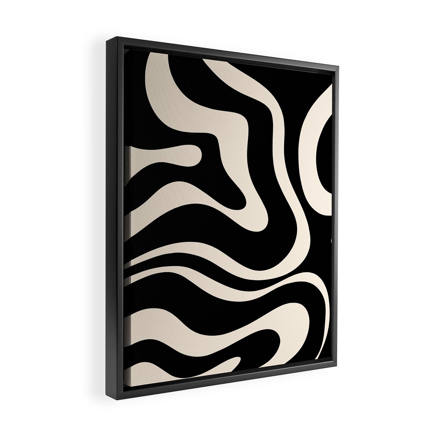 Modern Liquid Swirl Abstract Pattern Square in Black and Almond Cream  Framed Canvas Print Gallery Image 2