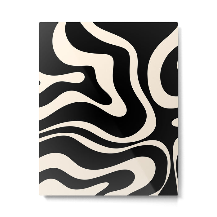 Modern Liquid Swirl Abstract Pattern Square in Black and Almond Cream  Metal Print Gallery Image 1