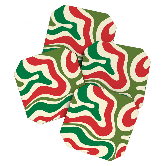 Modern Liquid Swirl Abstract Pattern Square in Retro Christmas Red Green Cream Coaster Gallery Image 1