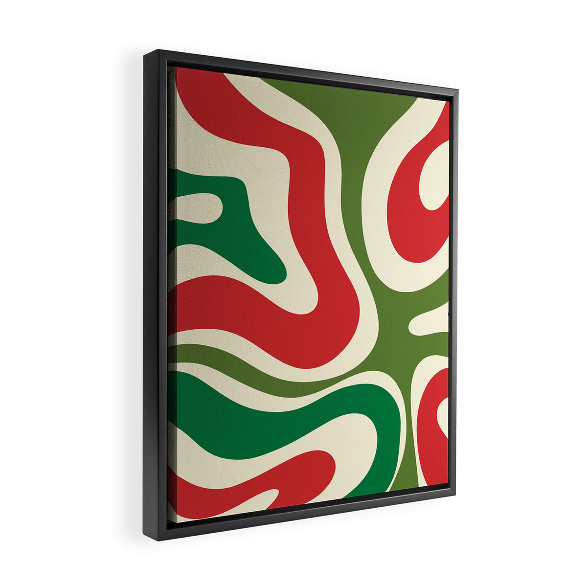 Modern Liquid Swirl Abstract Pattern Square in Retro Christmas Red Green Cream Framed Canvas Print Gallery Image 2