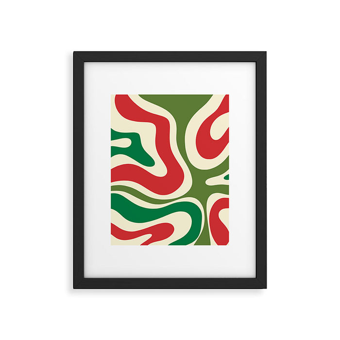 Modern Liquid Swirl Abstract Pattern Square in Retro Christmas Red Green Cream Framed Art Print Gallery Image 1