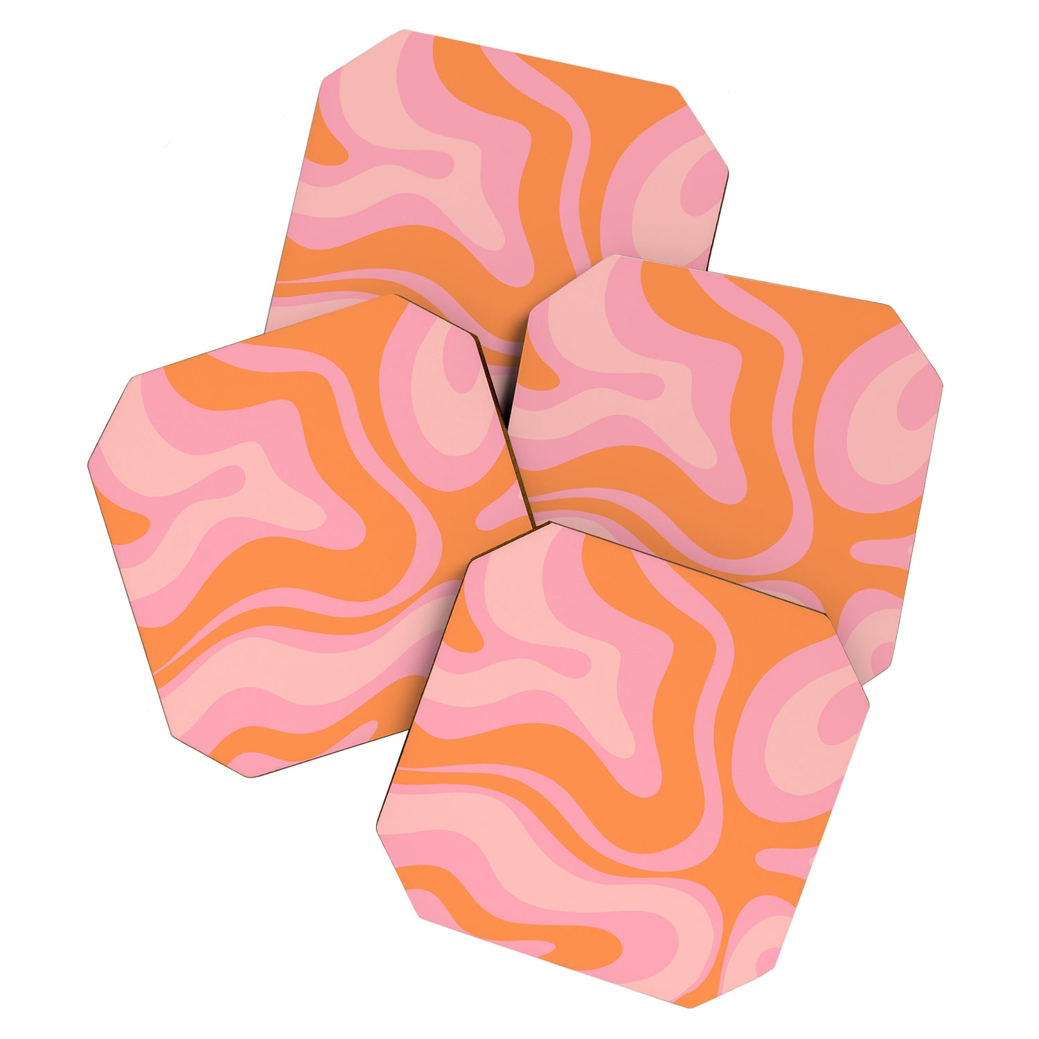 Modern Liquid Swirl Abstract Pattern Square in Retro Pink and Orange Coaster Gallery Image 1