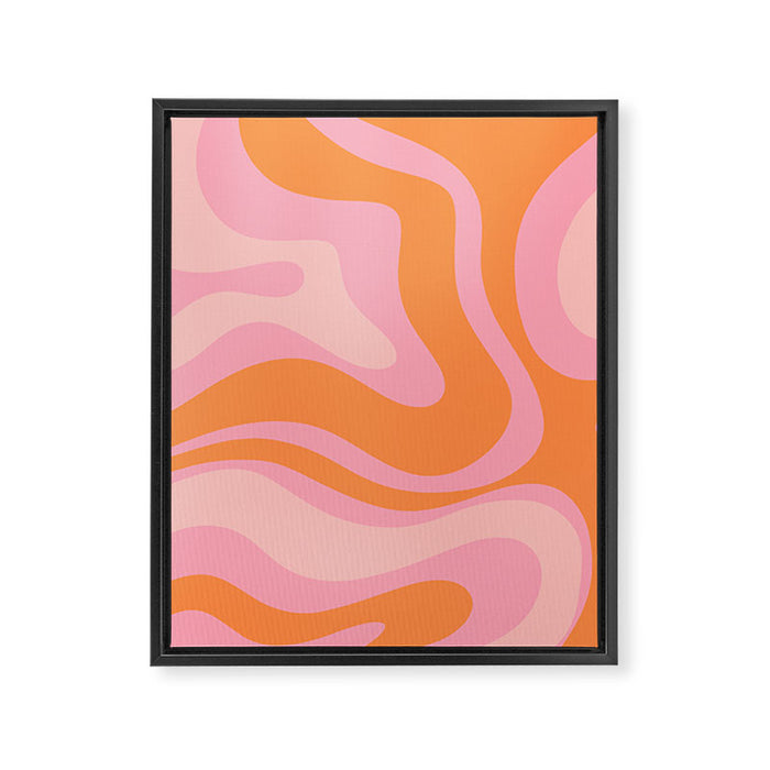 Modern Liquid Swirl Abstract Pattern Square in Retro Pink and Orange Framed Canvas Print Gallery Image 1