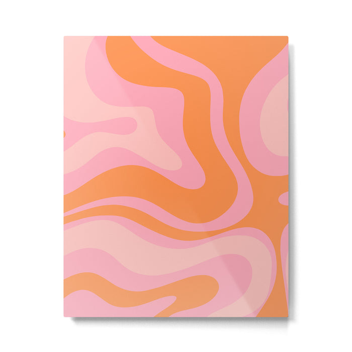 Modern Liquid Swirl Abstract Pattern Square in Retro Pink and Orange Metal Print Gallery Image 1