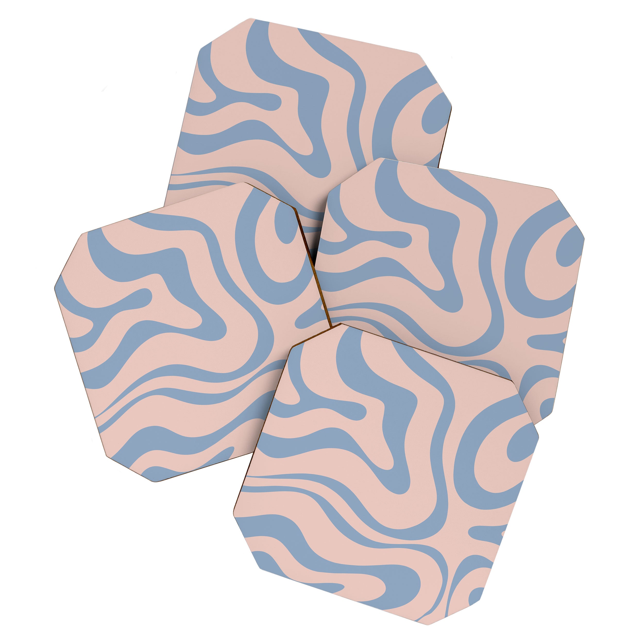 Modern Liquid Swirl Abstract Square in Pastel Blush Pink and Light Blue Coaster Gallery Image 1