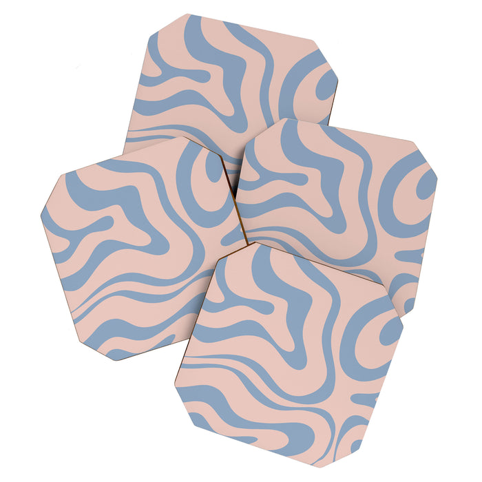 Modern Liquid Swirl Abstract Square in Pastel Blush Pink and Light Blue Coaster Gallery Image 1