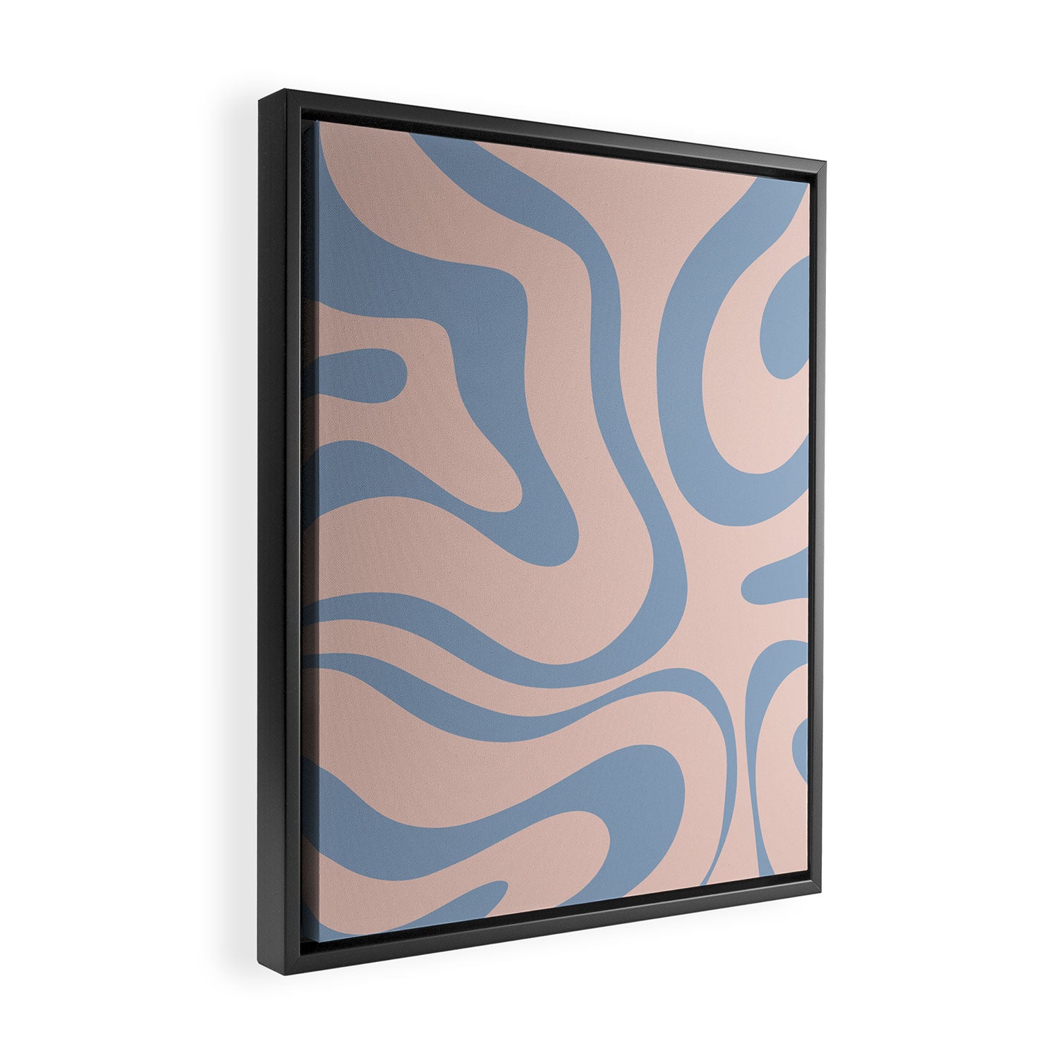 Modern Liquid Swirl Abstract Square in Pastel Blush Pink and Light Blue Framed Canvas Print Gallery Image 2