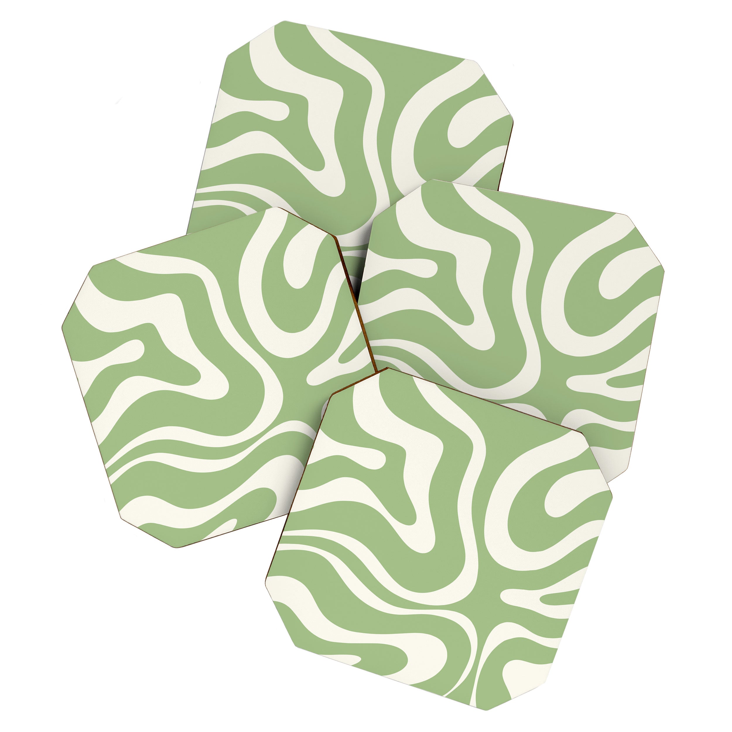 Modern Liquid Swirl Abstract Pattern in Light Sage Green and Cream Coaster Gallery Image 1