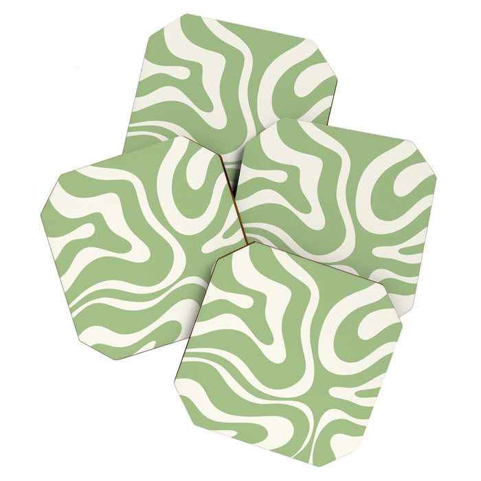 Modern Liquid Swirl Abstract Pattern in Light Sage Green and Cream Coaster Gallery Image 1