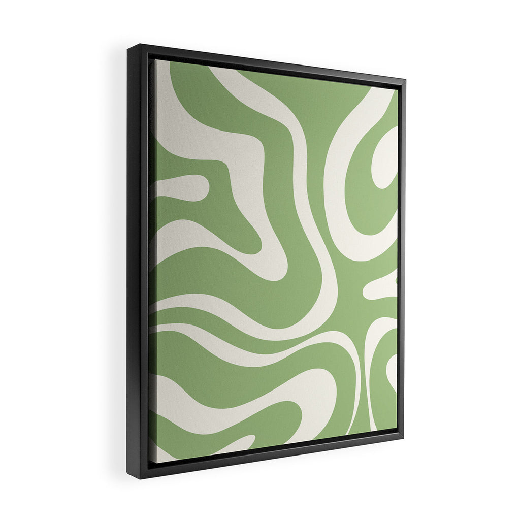 Modern Liquid Swirl Abstract Pattern in Light Sage Green and Cream Framed Canvas Print Gallery Image 2
