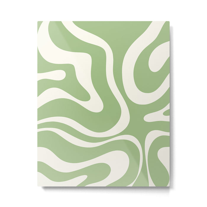 Modern Liquid Swirl Abstract Pattern in Light Sage Green and Cream Metal Print Gallery Image 1