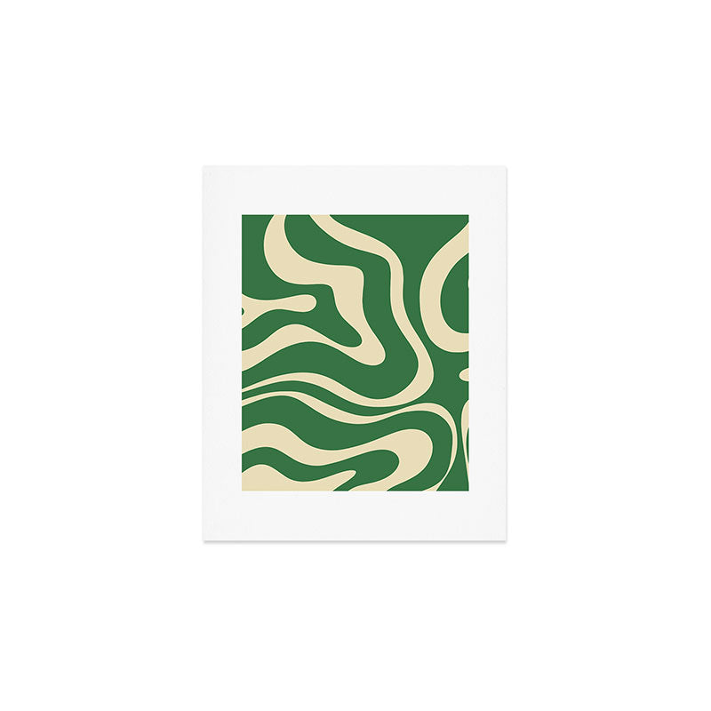 Modern Retro Liquid Swirl Abstract Forest Green and Cream Art Print Gallery Image 1