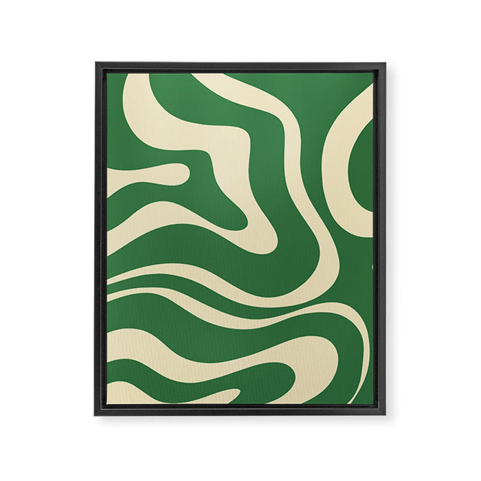 Modern Retro Liquid Swirl Abstract Forest Green and Cream Framed Canvas Print Gallery Image 1
