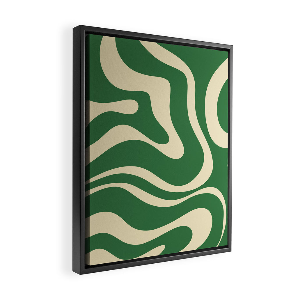 Modern Retro Liquid Swirl Abstract Forest Green and Cream Framed Canvas Print Gallery Image 2