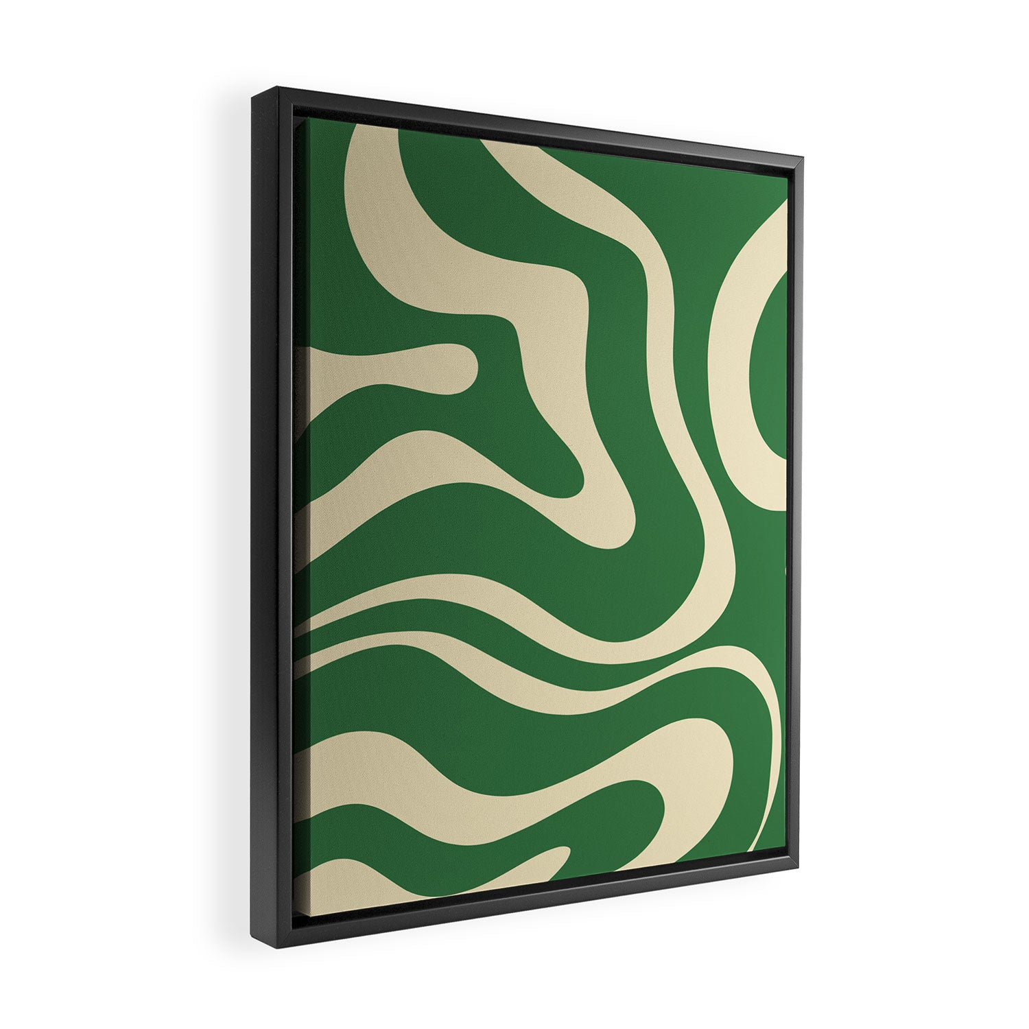 Modern Retro Liquid Swirl Abstract Forest Green and Cream Framed Canvas Print Gallery Image 2