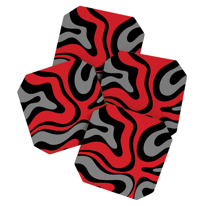 Modern Retro Liquid Swirl Abstract Pattern Black Red Gray Coaster Gallery Image 1