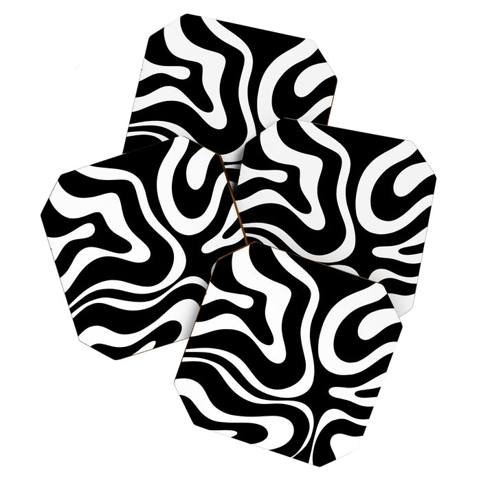 Modern Retro Liquid Swirl Abstract Pattern in Black and White Coaster Gallery Image 1