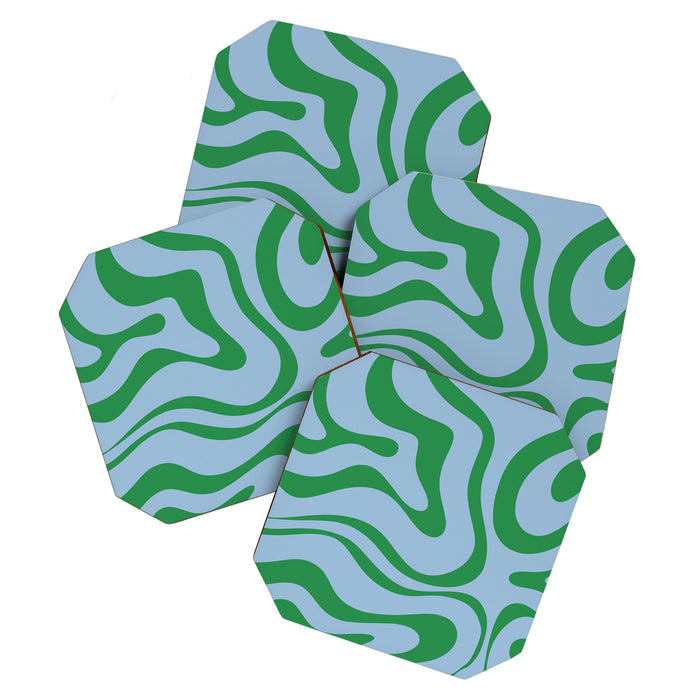 Modern Retro Liquid Swirl Abstract Pattern in Green and Light Blue Coaster Gallery Image 1