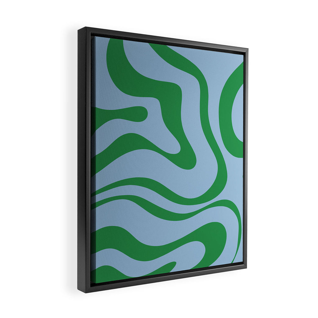 Modern Retro Liquid Swirl Abstract Pattern in Green and Light Blue Framed Canvas Print Gallery Image 2