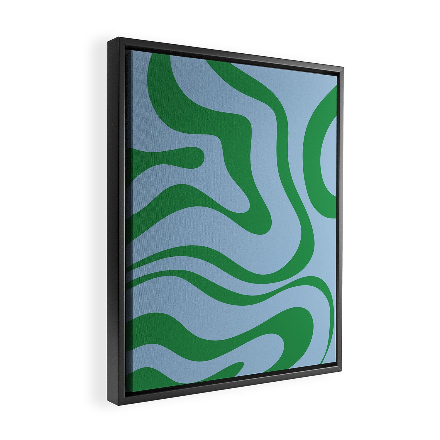 Modern Retro Liquid Swirl Abstract Pattern in Green and Light Blue Framed Canvas Print Gallery Image 2