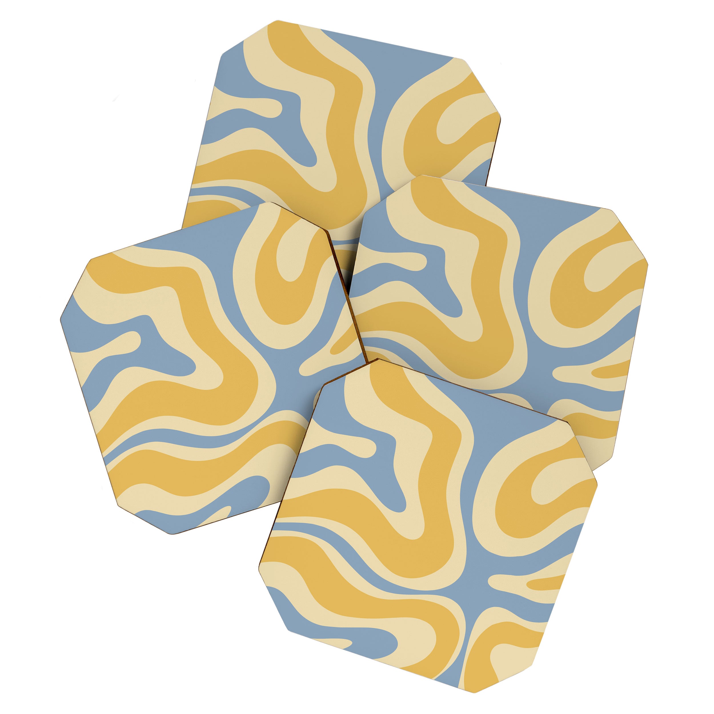 Modern Retro Liquid Swirl Abstract Pattern in Light Blue and Mustard Yellow Coaster Gallery Image 1