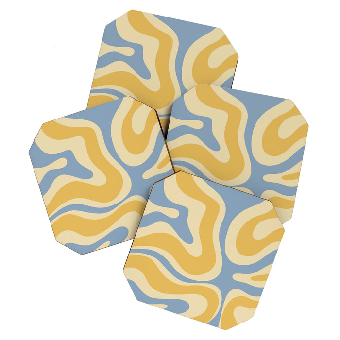 Modern Retro Liquid Swirl Abstract Pattern in Light Blue and Mustard Yellow Coaster Gallery Image 1