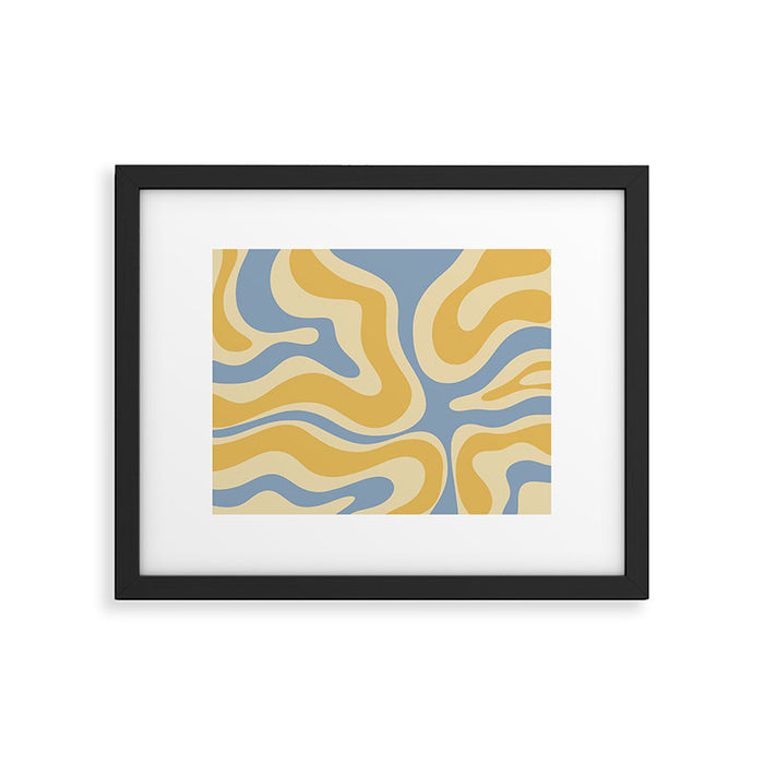 Modern Retro Liquid Swirl Abstract Pattern in Light Blue and Mustard Yellow Framed Art Print Gallery Image 1