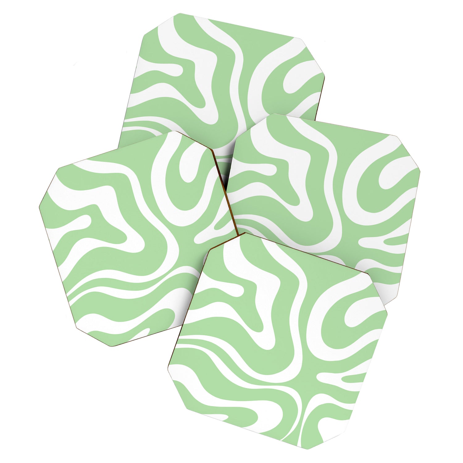 Modern Retro Liquid Swirl Abstract Pattern in Light Matcha Tea Green and White Coaster Gallery Image 1