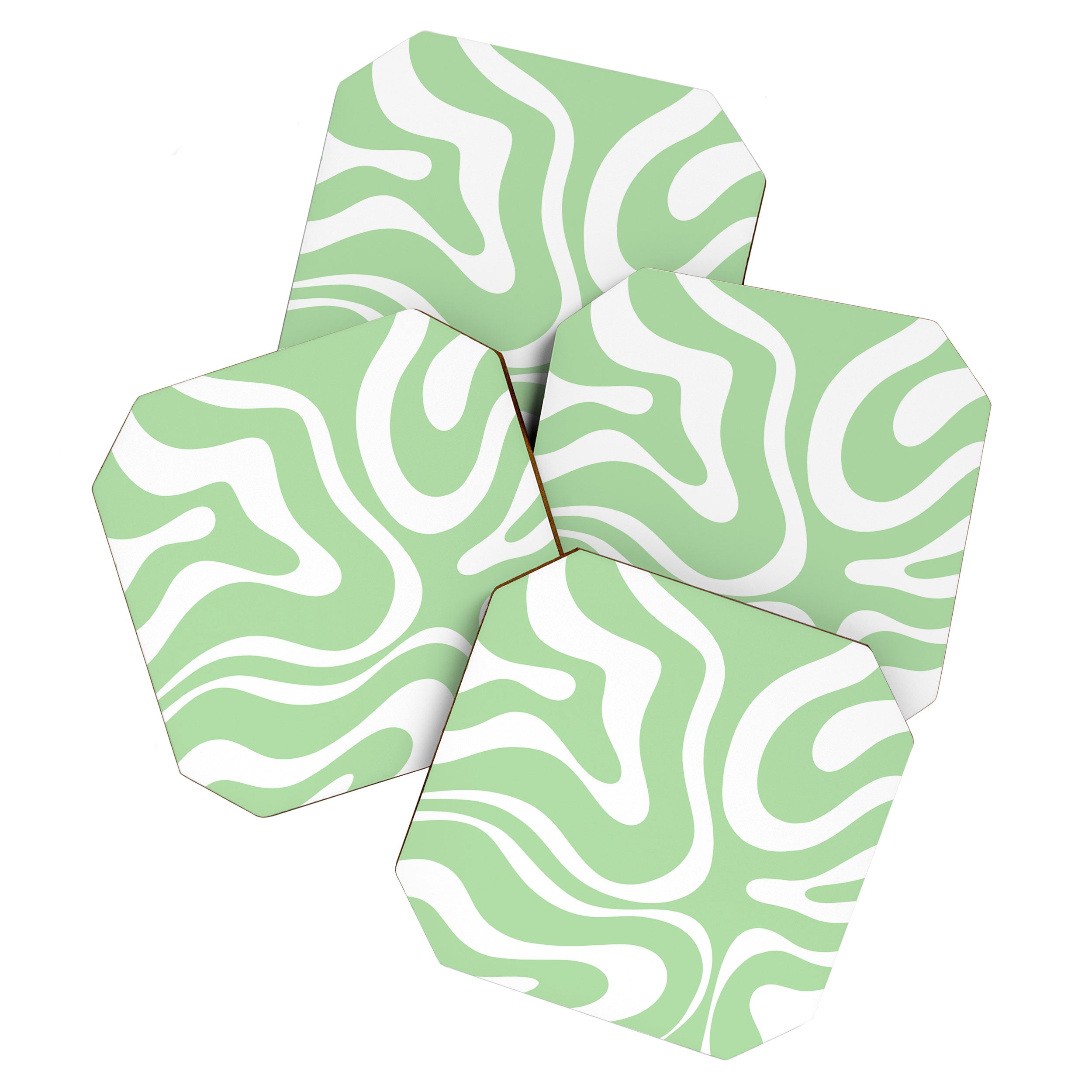 Modern Retro Liquid Swirl Abstract Pattern in Light Matcha Tea Green and White Coaster Gallery Image 1