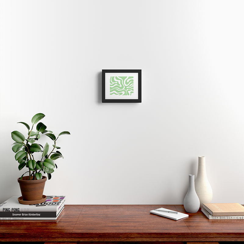 Modern Retro Liquid Swirl Abstract Pattern in Light Matcha Tea Green and White Framed Art Print Gallery Image 2