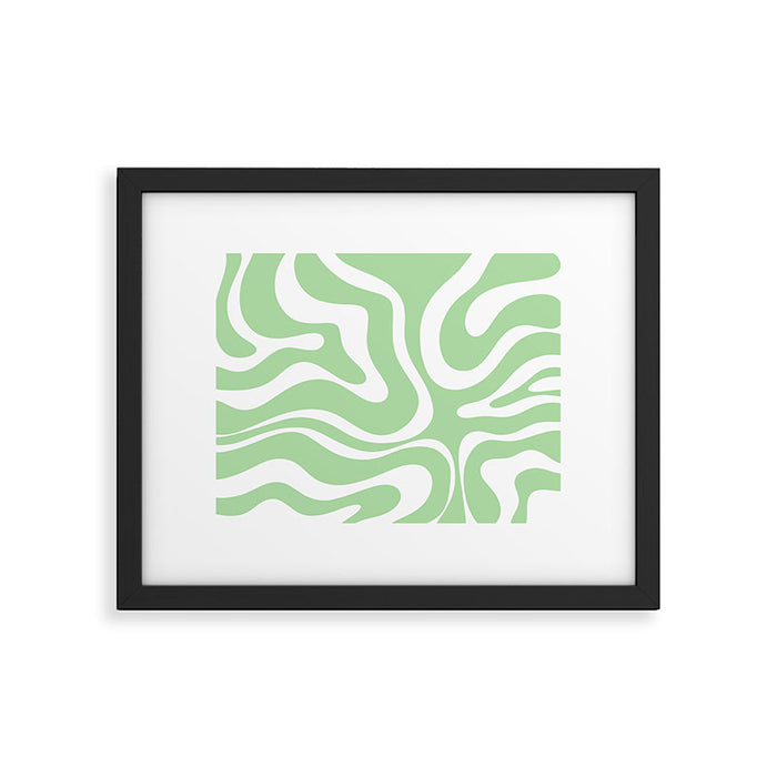Modern Retro Liquid Swirl Abstract Pattern in Light Matcha Tea Green and White Framed Art Print Gallery Image 1