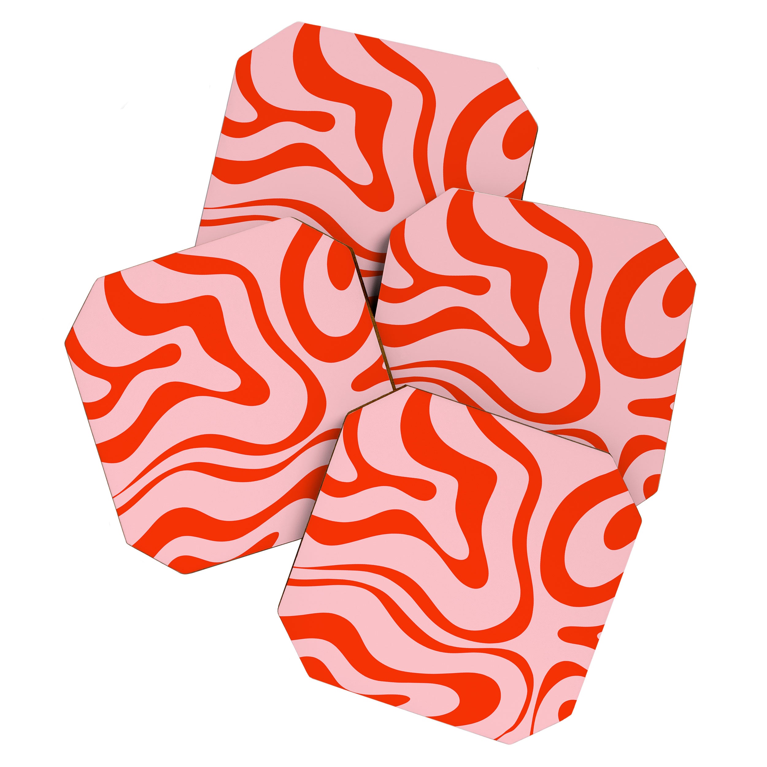 Modern Retro Liquid Swirl Abstract Pattern in Light Pink and Red Orange Coaster Gallery Image 1