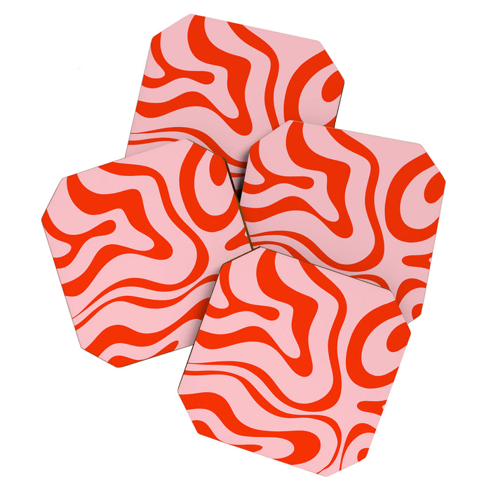 Modern Retro Liquid Swirl Abstract Pattern in Light Pink and Red Orange Coaster Gallery Image 1