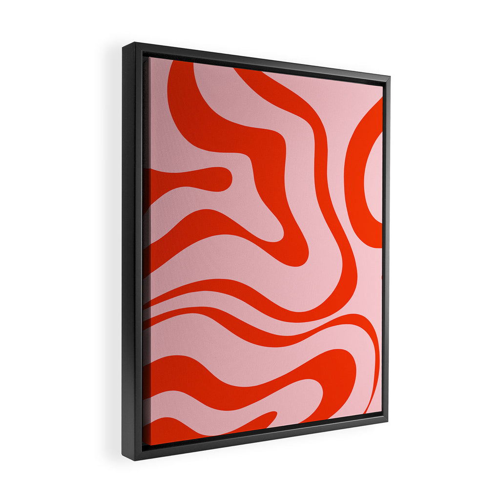 Modern Retro Liquid Swirl Abstract Pattern in Light Pink and Red Orange Framed Canvas Print Gallery Image 2