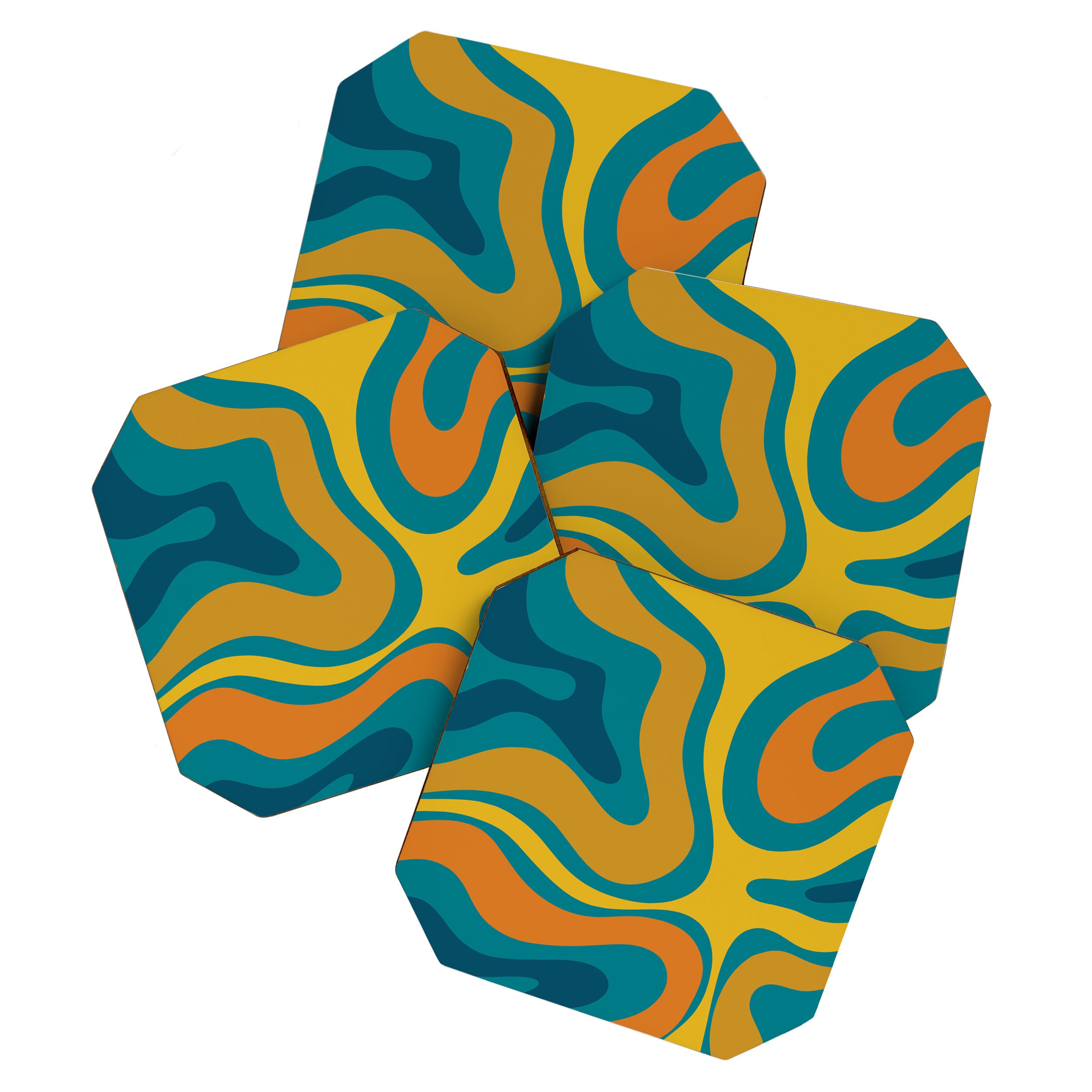 Modern Retro Liquid Swirl Abstract Pattern in Moroccan Teal Blue, Mustard, and Orange Coaster Gallery Image 1