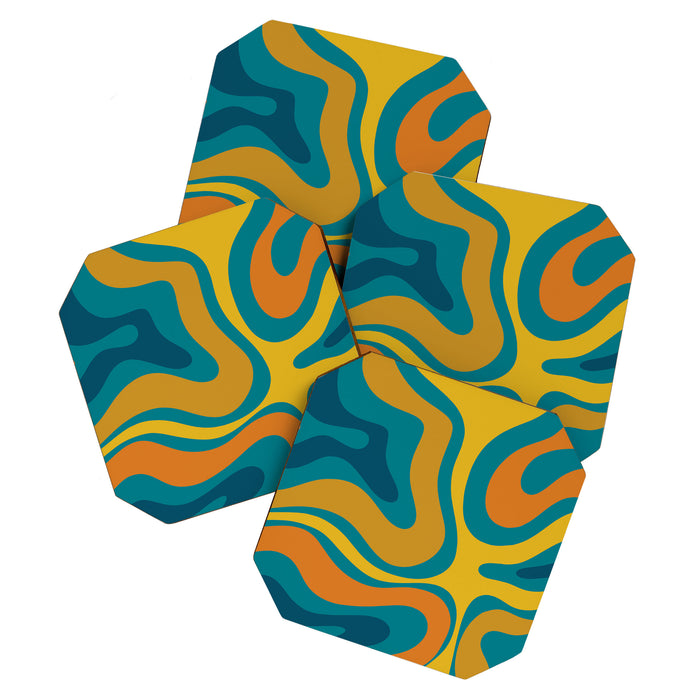 Modern Retro Liquid Swirl Abstract Pattern in Moroccan Teal Blue, Mustard, and Orange Coaster Gallery Image 1