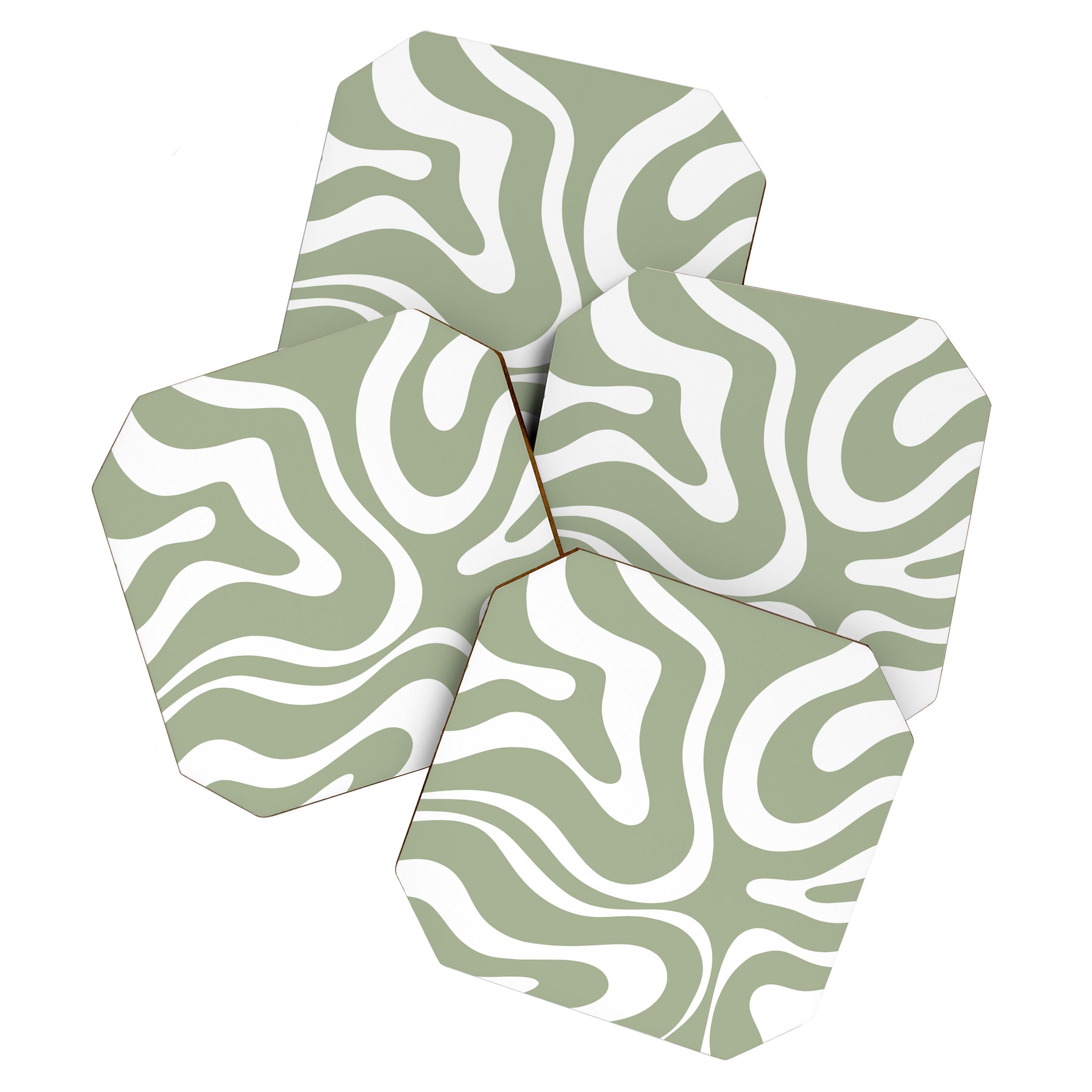Modern Retro Liquid Swirl Abstract Pattern in Muted Sage Green and White Coaster Gallery Image 1